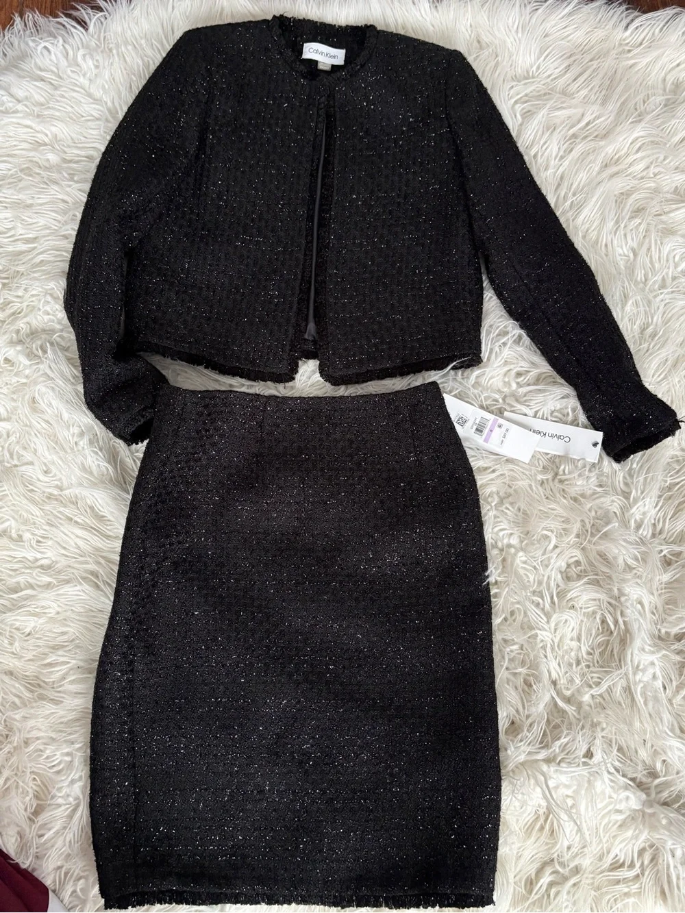 NWT Calvin Klein Black Tweed Blazer & Skirt 2-Piece Suit Set Size Small 4P/6